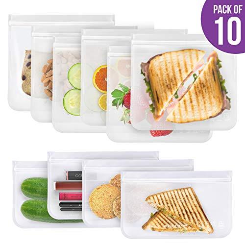 Reusable Sandwich Bags, 10 Pack BPA FREE Freezer Bags (6 Large Reusable Sandwich Bags + 4 THICK Reusable Snack Bags) Ziplock Leakproof Lunch Bags for Food Liquid Travel Items and Home Organization
