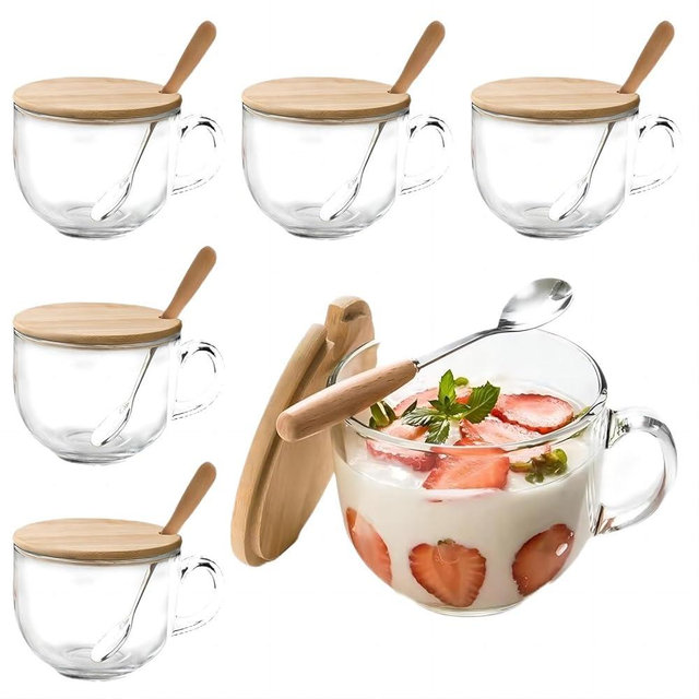 Sliner 6 Sets 16 oz Autumn Large Glass Coffee Mug with Lids Clear Jumbo Coffee Cup with Spoon Glass Cup with Handle for Overnight Oats Milk Latte Yogurt Cereal Beverage, Dishwasher, Microwave Safe