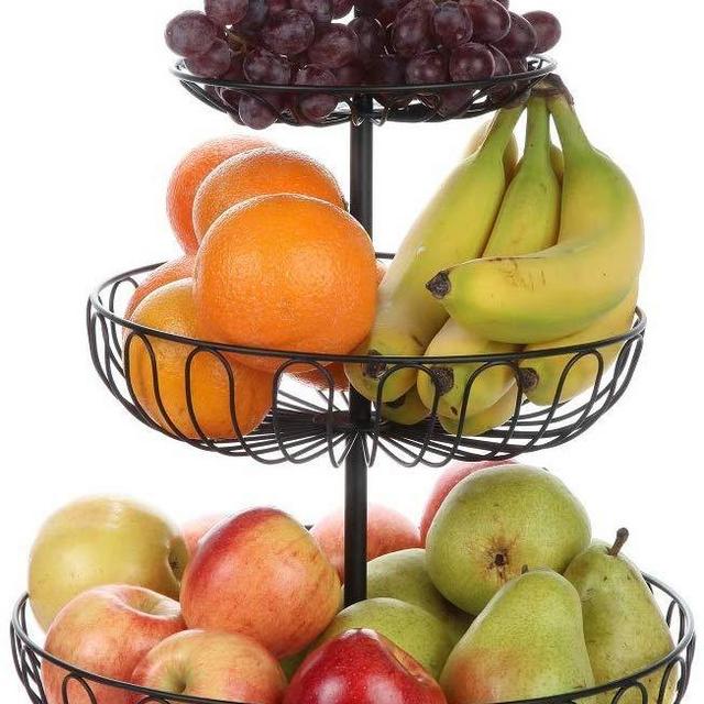 Lily's Home Wire Fruit and Vegetable Holder, 3-Tiered Fruit Basket, Kitchen Accessories - Black