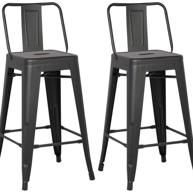 AC Pacific Modern Light Weight Industrial Metal Bucket Back Barstool, 30 Seat Height Counter Stool (Set of 2), Matte Black Finish