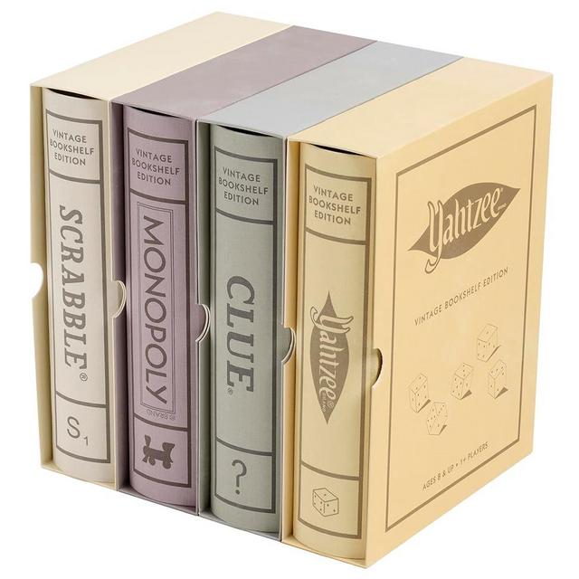 WS Game Company Scrabble, Monopoly, Clue, and Yahtzee Vintage Board Game Bookshelf Collection