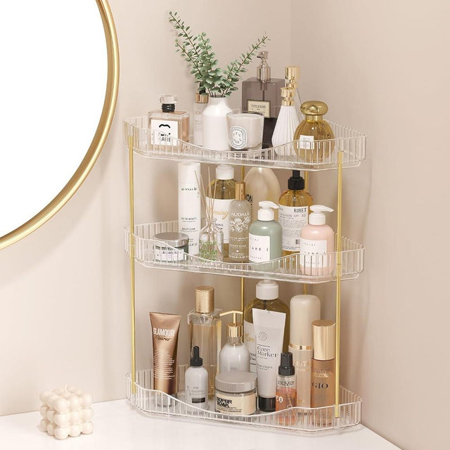 Lifewit 3-Tier Bathroom Counter Organizer Corner, Plastic Makeup Skincare Storage Organizer Countertop, Sink Vanity Trays Perfume, Cosmetic Shelf in Bedroom, Dresser, Kitchen (Clear)