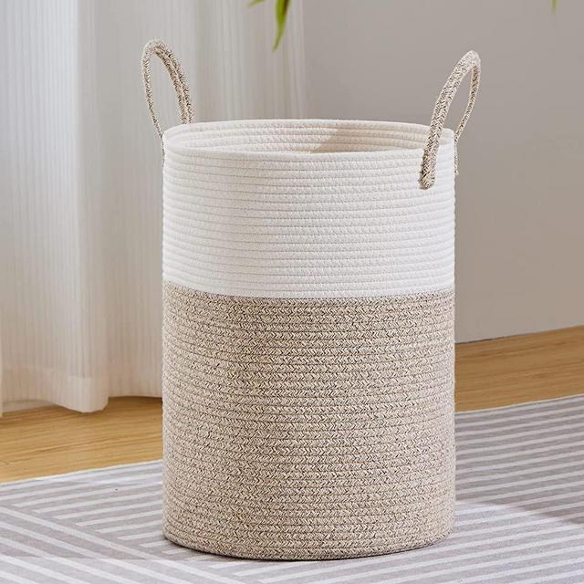 VIPOSCO Large Laundry Hamper, Tall Woven Rope Storage Basket for Blanket, Toys, Dirty Clothes in Living Room, Bathroom, Bedroom - 58L White & Brown