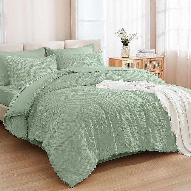 Andency King Size Comforter Set 7 Pieces Sage Green - Bed in a Bag King Boho Lightweight Fluffy Tufted Bedding Sets with Quilt Comforter, Sheets, Pillowcases & Shams