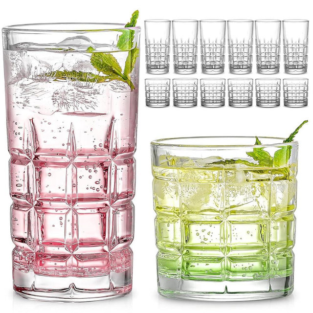 Drinking Glasses Set of 12, Clear Glass Cups, Mixed Glassware Sets, 12.5 OZ Large Highball Water Glasses & 9.5 OZ Rock Glasses, Tumbler Drinkware Kitchen for Cocktail Iced Coffee Beer Tea Whiskey