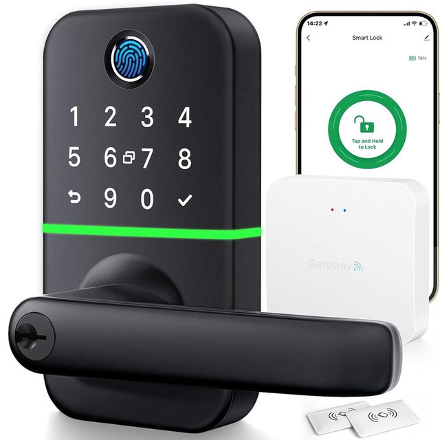 Wifi Smart Door Lock with Handle: Keyless Entry Door Lock Include Tuya Gateway, Wifi Door Handle Smart Lock, Remote Control Digital Lock for Front Door Anywhere, Compatible with Alexa to Voice Control