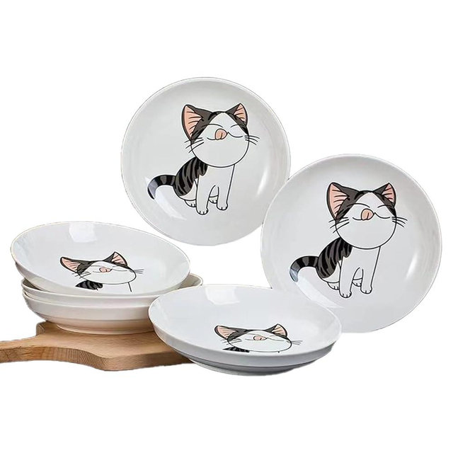 Set of 5 Ceramic Plates with Cute Cat Design, 7.28 inch Large Dessert Salad Porcelain Dinner Plates, Ceramic Dessert Dishes for Steak, Pasta, Pizza, Appetizer ( Dishwasher & Microwave Safe Dinnerware)