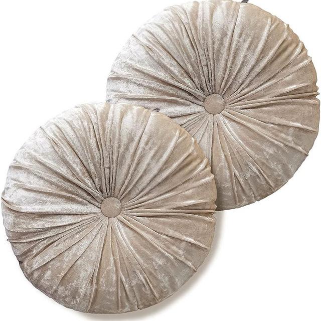 Pack 2：Round Floor Cushions Pillow, Solid Color Velvet Meditation Cushion Pumpkin Pleated Meditation Pillow for Home Sofa Bed Car Decor Floor Pillow Cushion Beige