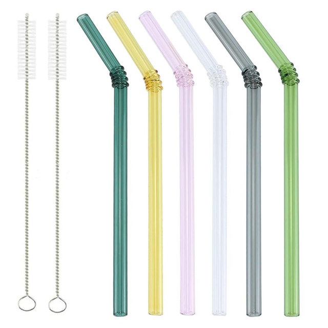 FBAJOJO Curved Stained Glass Straws with Designs 6 Reusable Glass Straws 8-Inch Colorful Clear Straws Shatterproof Glass Straws Clear Stained Glass Straws with 2 Cleaning Brushes 6pcs 6 Colors