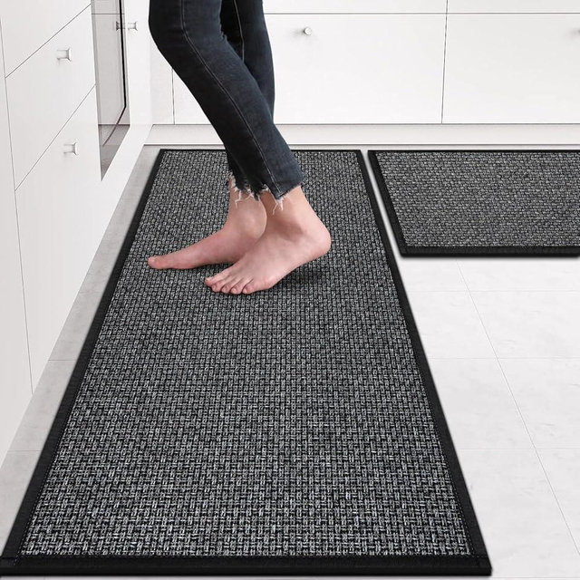 eqivei Kitchen Rugs Non Skid Washable Set of 2 PCS, Absorbent Runner Rugs for Kitchen, Farmhouse Weave Floor Mats in Front of Sink, 17.3"x 47"+17.3"x 29" (Inky)