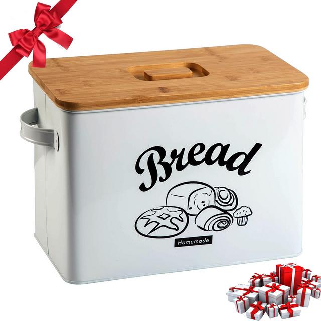 JIRTEMOT Farmhouse Metal Bread Box for Kitchen Countertop, Rustic with Bamboo Lid, White