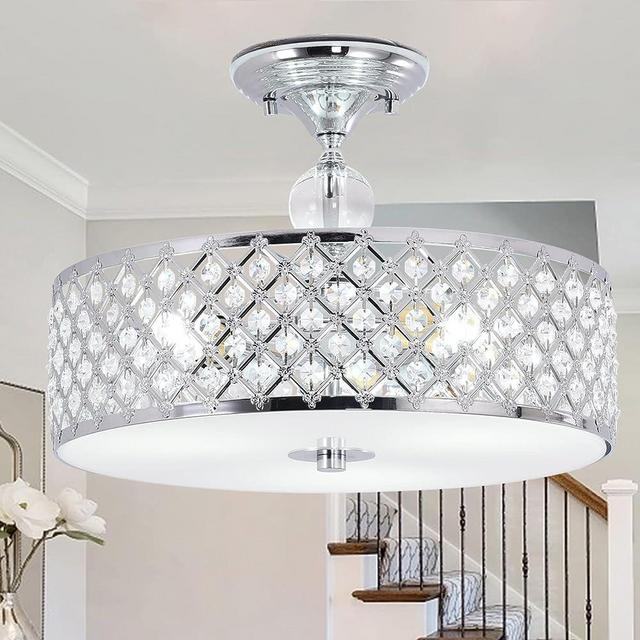 Modern Ceiling Light Fixture Crystal Chandeliers, 3 Lights Flush Mount Ceiling Light 15inch Round Lighting Fixtures Ceiling, Chandeliers for Dining Room Bedrooms Living Room Bathroom Kitchen, Hallway