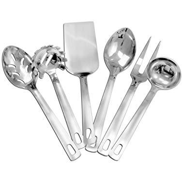 Complete Serving Spoon & Utensil Set (6-Piece Set); Includes Pasta Server, Fork, Spoon, Slotted Spoon, Ladle, Cake/Casserole Server; Stainless Steel Classic Plain Handle Flatware