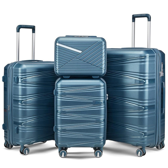 TRAVELEO 4-Piece Expandable Hardshell Luggage Set with TSA Lock (14/20/24/28) - Lightweight PP Suitcases, 360° Silent Spinner Wheels and Durable 100LB Handle for Air Travel (Peacock Blue)