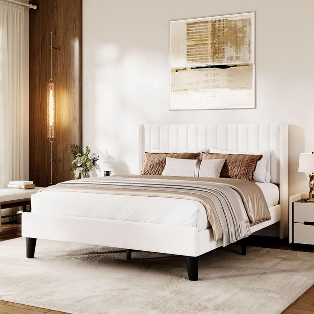 Queen Bed Frame with Vertical Channel Tufted Wingback Headboard, Upholstered Platform Bed Frame with Strong Wooden Slats Support