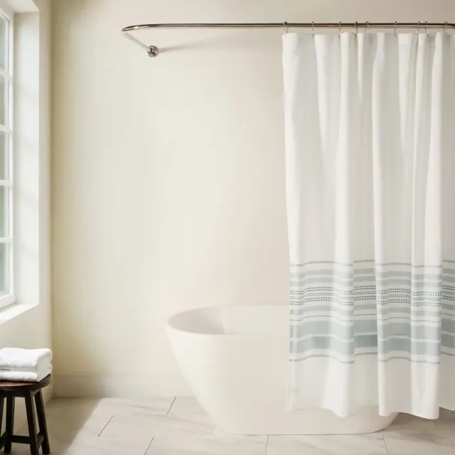 Yarn-Dyed Cotton Blend Shower Curtain – 72x72 Striped & Classic Print Fabric, Modern Farmhouse Hotel Style- Becky Cameron, Placement Stripe Light Blue
