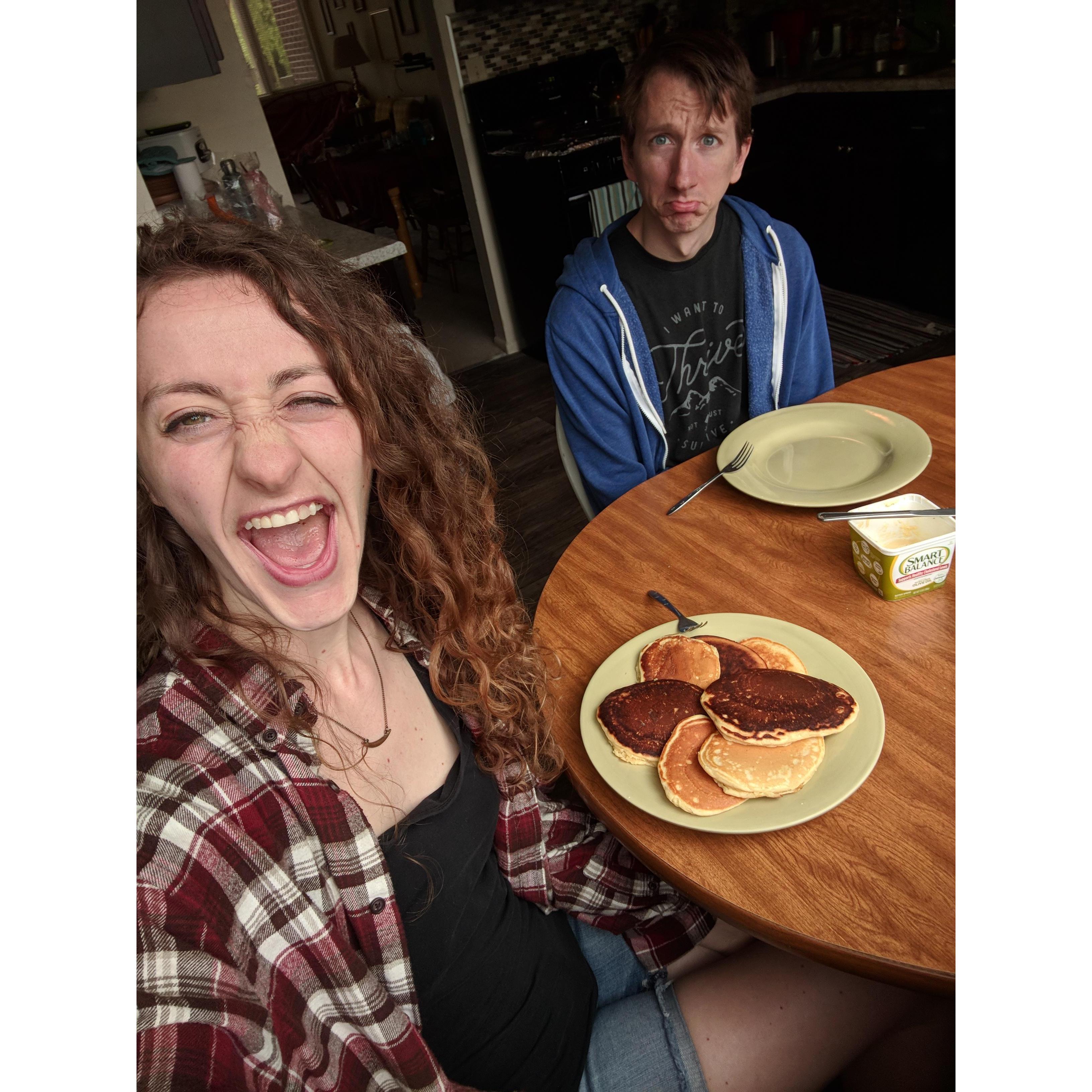 Cat was thrilled about all of the pancakes she had; meanwhile, Daniel was hoping she'd share.