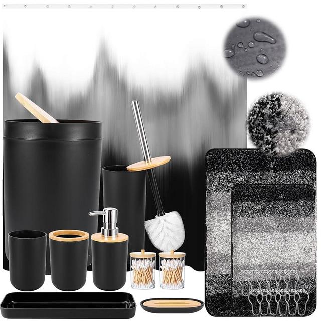 iMucci Bathroom Accessories Black Bathroom Sets with Shower Curtain and Rug, Black Ombre Waterproof Misty Forest Shower Curtain with Ultra Absorbent Rug Bathroom Accessories Set for Home Decor