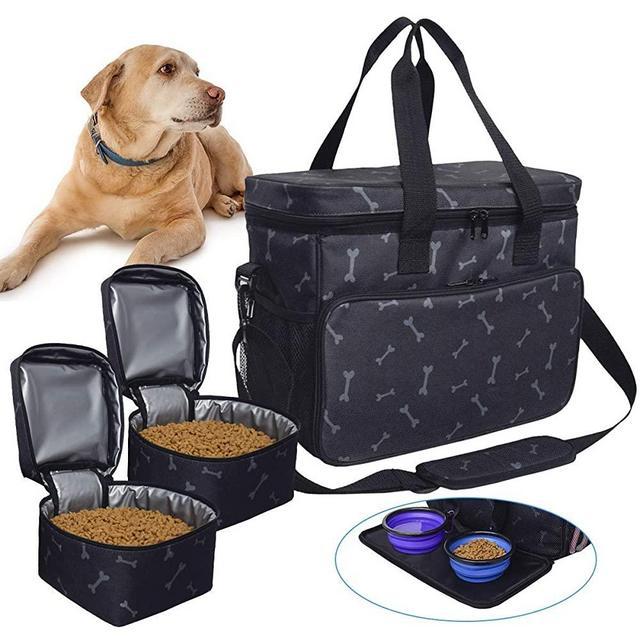 BicycleStore Dog Travel Bag, Washable Pet Food Carrier Storage Bags Cat Treat Diaper Carrying Bag Accessories Equipment Sling Bag Organizer with Multi-Function Pockets 2 Food Storage Containers