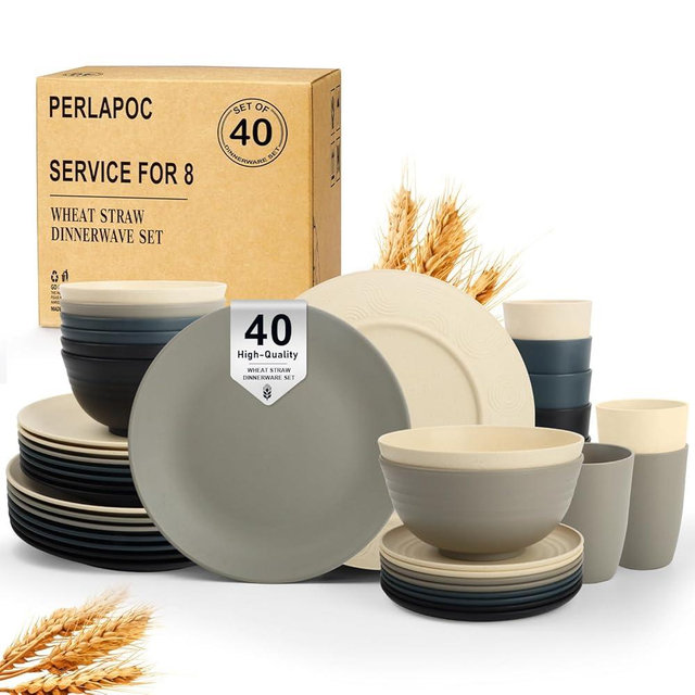Perlapoc 40 PCS Wheat Straw Dinnerware Set | Service for 8 Plastic Dishes Set Unbreakable Plates and Bowls Sets, Drinking Glasses, Dishwasher and Microwave Safe Dish Set for KItchen - Gray Stone