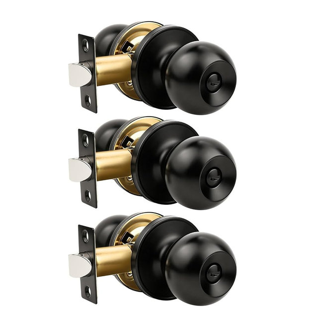Knobonly 3 Pack Privacy Door Knobs Matte Black, Keyless Door Knobs Interior for Bedroom and Bathroom, Round Door Handles Stainless Steel, Classic Design