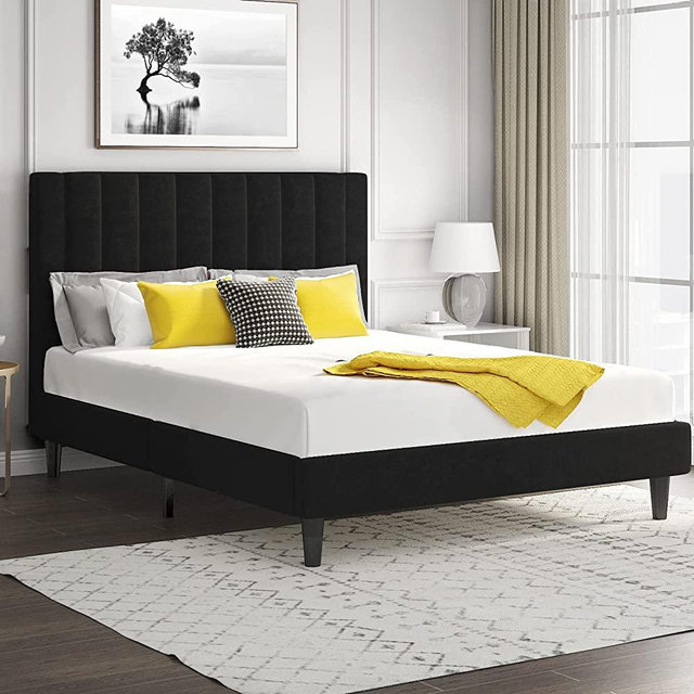 SHA CERLIN Queen Size Vertical Channel Platform Bed Frame / Velvet Upholstered Bed Frame with Headboard / Strong Wood Slats Support / Mattress Foundation / No Box Spring Needed / Black
