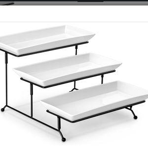 MALACASA 3 Tier Serving Trays for Party, Porcelain Serving Platters and Trays, 12 Inch Tiered Tray Stand, Fruit Tray, Trays for Serving Food, White Dessert Stand with Collapsible Sturdier Metal Rack