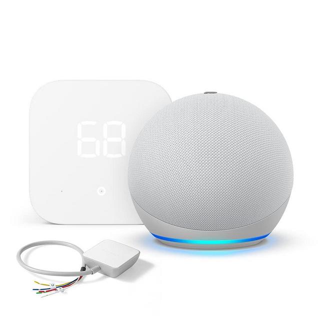 Amazon Smart Thermostat with C-Wire Power Adapter and Echo Dot (4th Gen, 2021 release) - Glacier White