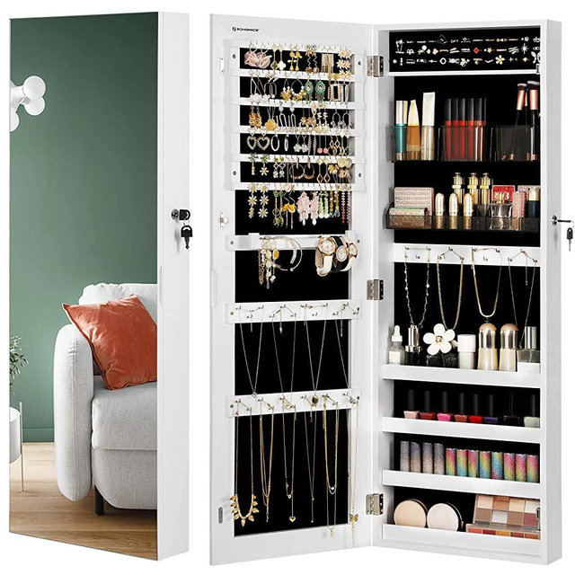 SONGMICS Jewelry Cabinet Armoire, Lockable Wall-Mounted Storage Organizer Unit with 2 Plastic Cosmetic Storage Trays, Full-Length Frameless Mirror, for Necklace Earring, White UJJC001W01