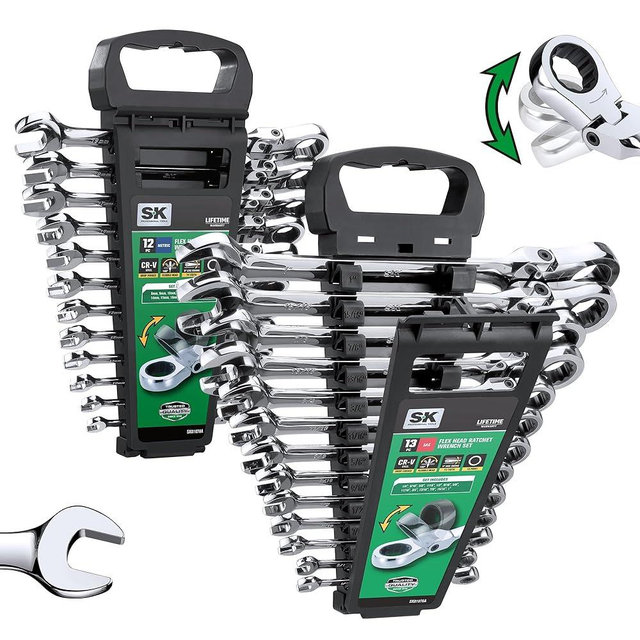 SK Flex-Head Ratcheting Wrench Set, Combination Wrench Set, 25-Piece, SAE 1/4" to 1", Metric 8 to 19mm, 72-Tooth, Premium CR-V Construction, with Rack Organizer