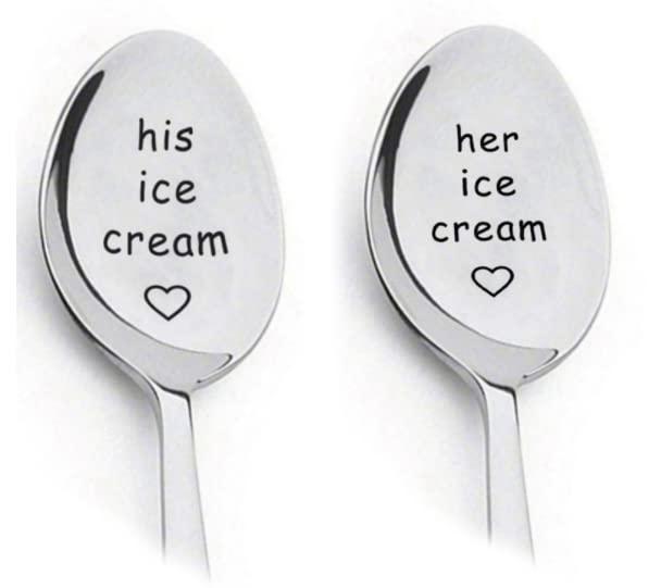 His and Her Ice Cream Spoons for Couples , Boyfriend Girlfriend Birthday Wedding Anniversary Christmas Gifts for Wife Husband Stainless Steel Couple Engraved Spoon Set 2Pcs