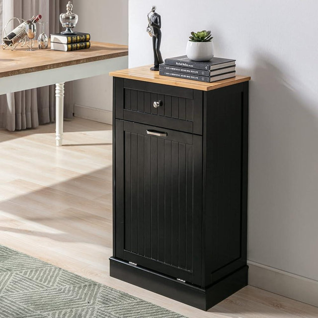Trash Cabinet Tilt Out Freestanding, Pet Proof Kitchen Trash Cabinet Laundry Hamper with Cutting Board, Wood Garbage Recycling Station Hideaway Trash Holder Drawers (1, Black)