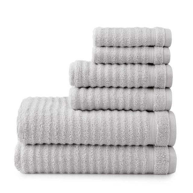 MARTHA STEWART Textured Cotton Bath Towels Set - 6 Piece | 2 Grey Bath Towels - 2 Hand Towels - 2 Washcloths | Soft Quick Dry Bathroom Towel | Bathroom Essentials | Absorbent | Light Gray