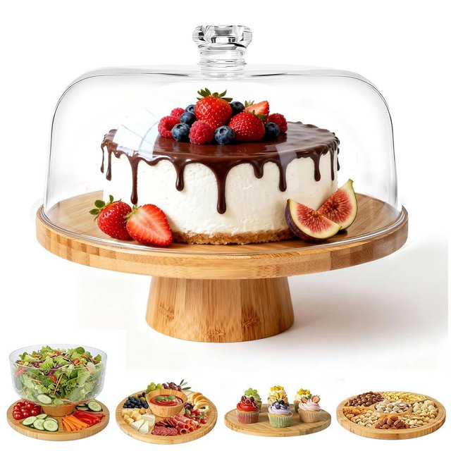 Masthome Bamboo Christmas Cake Stand with Lid, 6 in 1 Cake Holder with Lid,Multi-Functional Serving Platte, Dessert Display Stand and Charcuterie Board for Nutst, Chips & Dips,Fruit Platter