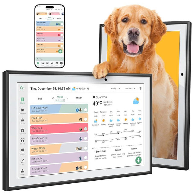 Digital Calendar 10.1 Inch Smart Electronic Family Planner with Chore Chart Display, IPS HD Touch Screen with WiFi App Control, Share Photos, Videos and Sound Reminder