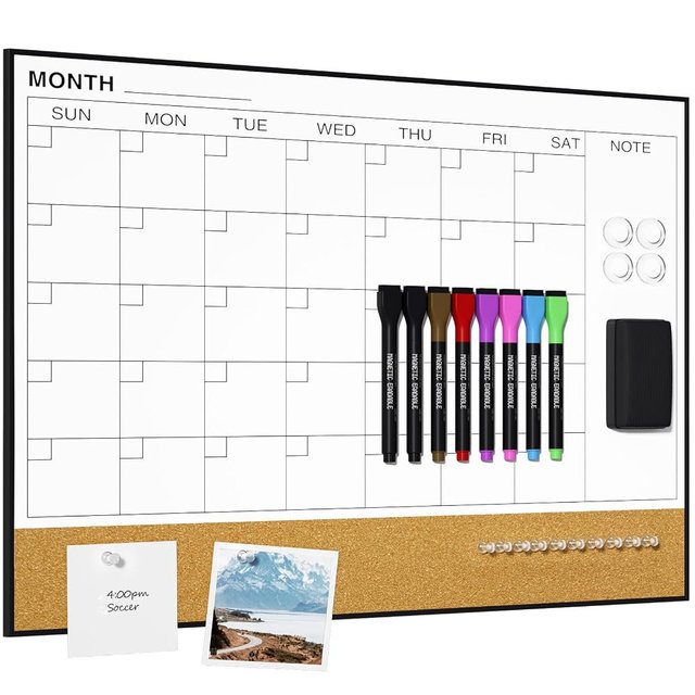 Dry Erase Calendar with Cork Board, 18"x 24" Monthly Combination Board with Black Frame, Wall Mounted Magnetic Calendar Whiteboard for School, Home, Office