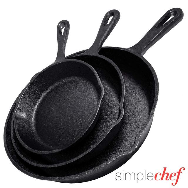 Simple Chef Cast Iron Skillet 3-Piece Set - Best Heavy-Duty Professional Restaurant Chef Quality Pre-Seasoned Pan Cookware Set - 10, 8, 6 Pans - Great For Frying, Saute, Cooking, Pizza More,Black