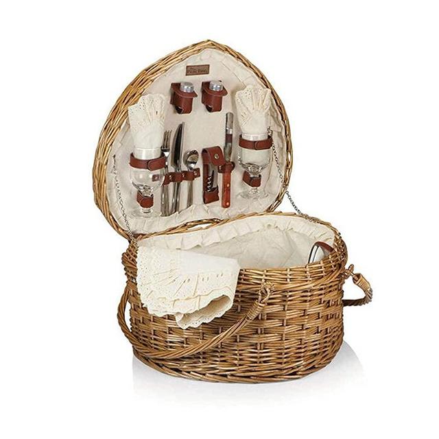 XIEZI Insulated Cooler Bag Picnic Basket Outdoor Camping Picnic Bag Heart-Shaped Picnic Basket Rattan Wicker Storage Basket with Off-White Lining Foldable Double Handle Design Compact