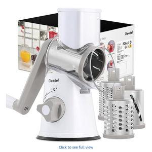 White Geedel Rotary Cheese Grater, Kitchen Mandoline Vegetable Slicer with 3 Interchangeable Blades, Easy to Clean Rotary Grater Slicer for Fruit, Vegetables, Nuts