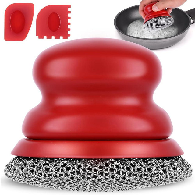 Onewly Cast Iron Scrubber and Scraper, Chain Mail Scrubber Cast Iron for Cleaning Dishes, Stock Pots, Pans, Griddles, Grills, Dish Scouring Pads
