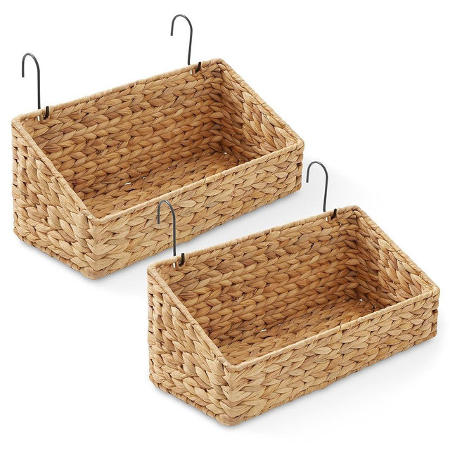 Casafield Set of 2 Hanging Baskets with Hooks - Natural, Hyacinth Woven Wall Mounted Storage Bins for Kitchen, Bathroom, Laundry Room, Home Office