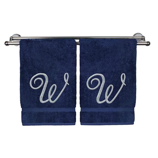 Monogrammed Washcloth Towel, Personalized Gift, 13x13 Inches - Set of 2 - Silver Script Embroidered Towel - Extra Absorbent 100% Turkish Cotton - Soft Terry Finish - Initial W Navy