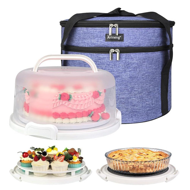 Arineng 10 inch Round Cake Carrier Box with Lid and Handle, Transportation Insulated Bag for Cakes, Cupcakes and Pies, Triple Locking Design for Safe Transportation (Purple, 5.5 Inches High)