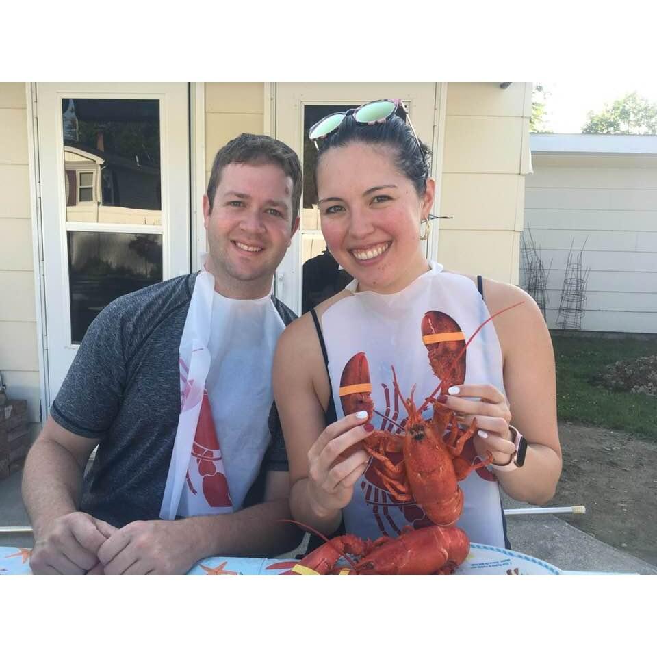 Katie's first Maine lobster, pool-side at Pat and Paul Sarrazin's!