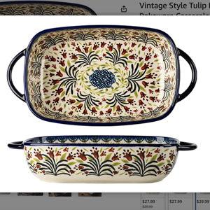 Vintage Style Tulip Flower Pattern Ceramic Bakeware Casserole Dish // Color: Tulip, Size: 60oz
