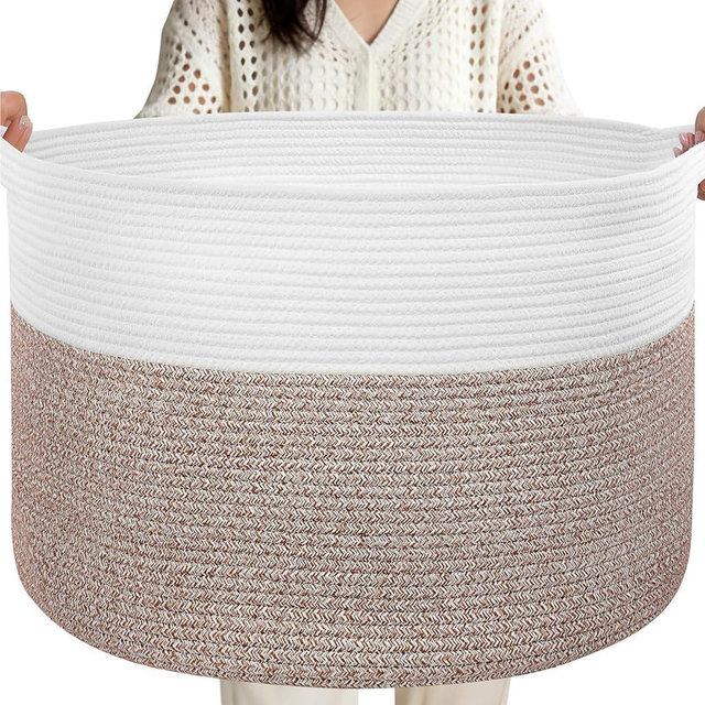 90L Extra Large Blanket Basket for Living Room - Cotton Rope Laundry Hamper Woven Baskets XXL Storage Bin with Handles for Dirty Clothes, Kids, Pets, Toys, Bedroom, 23'' x 23'' x 13'', White & Brown