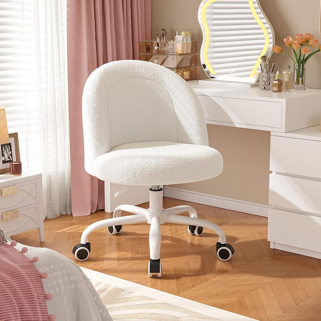 DurayLoly White Vanity Chair with Wheels, Cute Desk Chair with Back, Armless Office Chair Height Adjustable, Soft Lumbar Support for Small Space, Bedroom