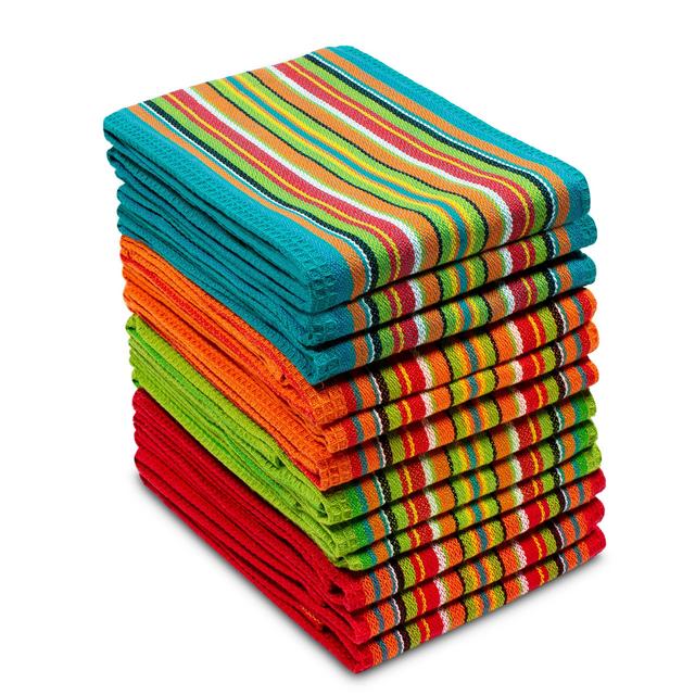 COTTON CRAFT 12 Pack Salsa Stripe Multi-Color Kitchen Towels 16x28 Inches- 100% Cotton