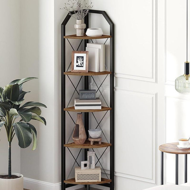 CHOEZON 59.4" Corner Shelf, 5-Tier Industrial Corner Bookshelf, Corner Storage Stand, Plant Stand Display Shelf, Bookcase for Bedroom, Living Room, Home Office, Rustic Brown and Black TCJ10BF