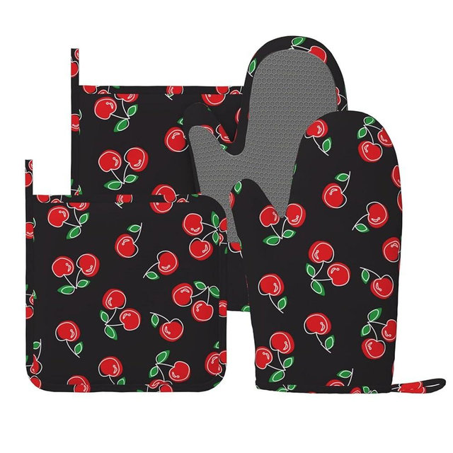 Red and Black Cherry Oven Mitts and Pot Holders Sets of 4, Heat Resistant Silicone Oven Mittens and Potholders Gloves Hot Pads for Kitchen Cooking Baking Grilling BBQ Chef